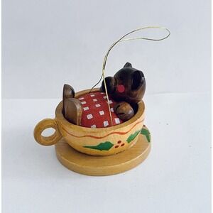 Vintage Taiwan R DAKIN Wooden Bear In A Teacup Ornament Handpainted